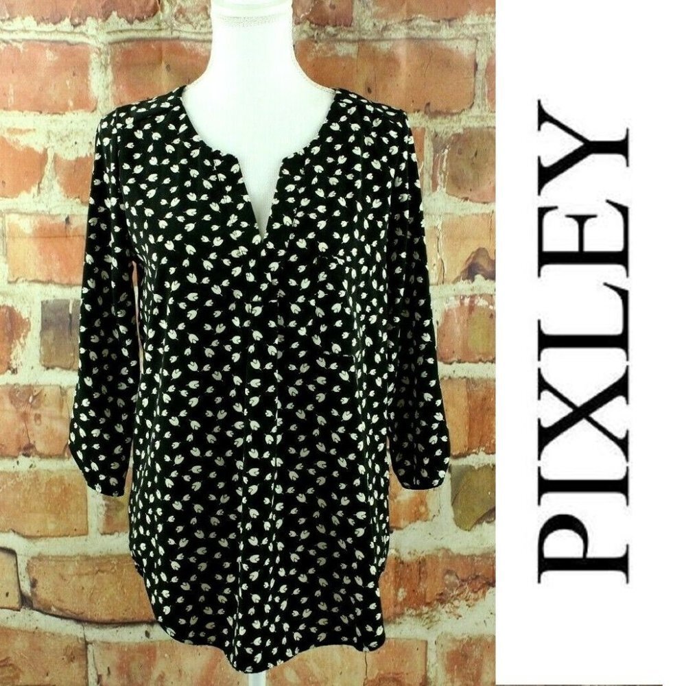 PIXLEY Ivy Mini Tulip Print Blouse Womens S Tunic Top V Neck $58 Designer Pullon